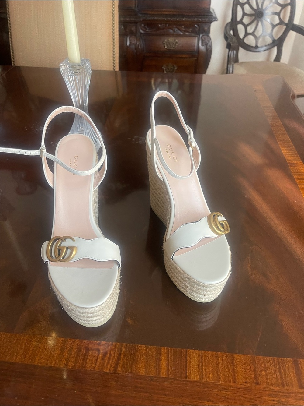 Gucci Cream Leather Espadrille Wedge Sandals with Gold Double G